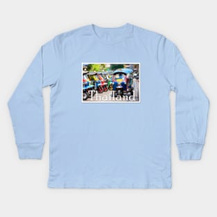 'Thailand' text over an illustration of colorful Thai Tuk-Tuks. Kids Long Sleeve T-Shirt